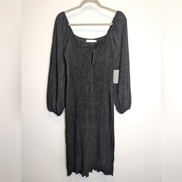 Lush Black Twist Front Plissé Pleated Long Sleeve Midi Dress Size Small - Picture 2 of 9